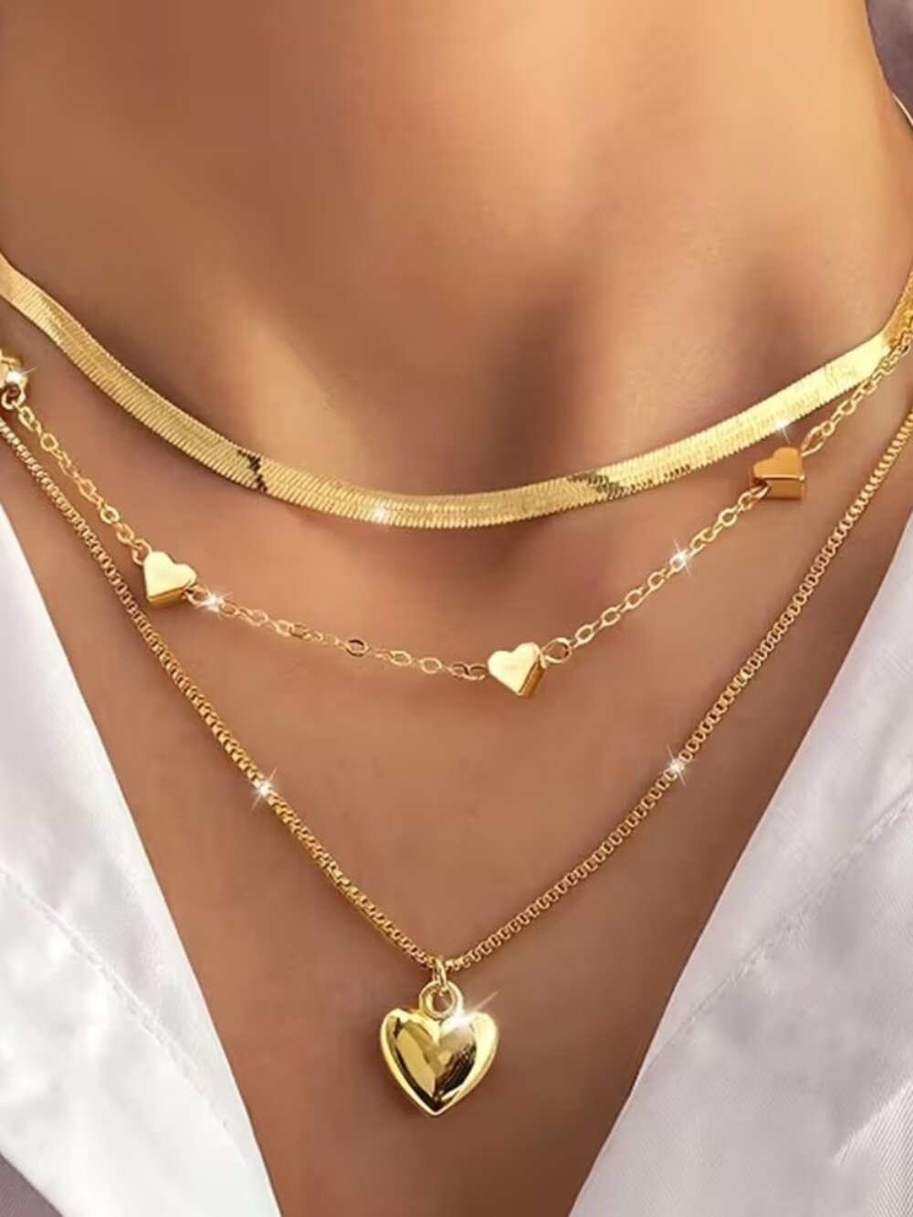 3pcs, Stacked Heart Snake Bone Necklace (Golden)